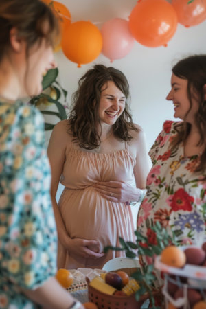 A group of friends throwing a baby shower for a surrogate, celebrating her role in helping to create a new family.の素材