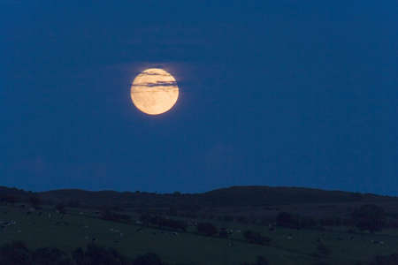 A summer Moon rising through wispy clouds over the fields of Bute, Scotlandの写真素材