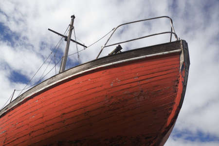Bow of boat in dry dock showing hull planksの写真素材