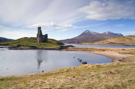 Ardvreck Castle on the shore of Loch Assynt, Scotlandの写真素材