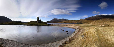 Panorama of Ardvreck Castle on the shore of Loch Assynt, Scotlandの写真素材