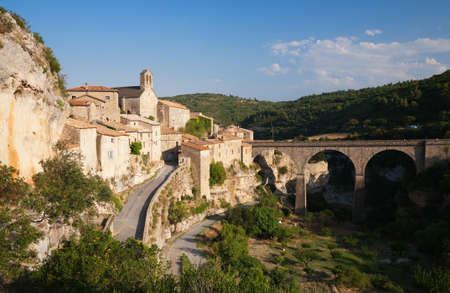 Minerve village and bridge in France in summer sunの写真素材