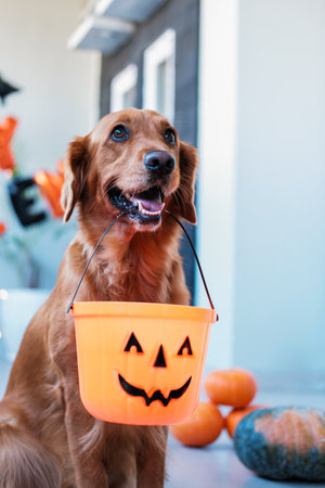 Portrait of a golden retriever dog holding a Halloween bucket in its teeth.の写真素材