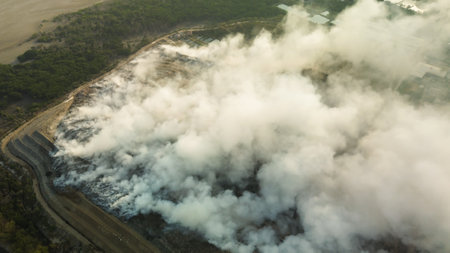 Top view of a fire at a landfill with plastic waste. An environmental disaster, toxic smoke from the fire pollutes the air. The importance of sorting and recycling waste. Lets save the planet.の写真素材