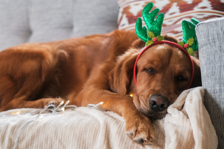 Close up of a Golden Retriever dog wearing a Christmas costume and reindeer antlers, sleeping on a sofa surrounded by Christmas lights. Christmas dog mascot.の写真素材