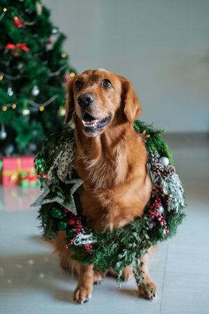 A dog of the Golden Retriever breed sits against the backdrop of a Christmas tree, and on her neck...