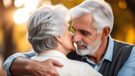 Senior loving couple hugging and smiling. A man and a woman with gray hair and wrinkles love each other and congratulate each other on Valentines Day. Love of all ages.の素材