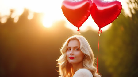 Young blonde woman holding two gel red heart-shaped balloons on a blurred background. Valentines Day, banner free space for text. Postcard for lovers.の素材