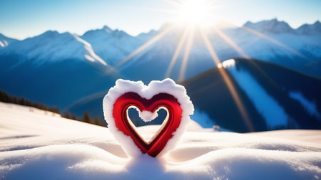 The heart stands on the snow in the mountains. Declaration of love on Valentines Day. Free space for text, banner. Red heart covered with snow.の素材