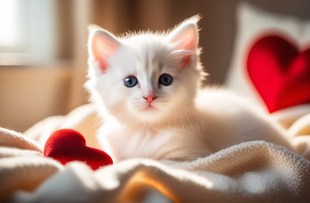 A white fluffy kitten with blue eyes lies in a blanket, next to him a toy in the shape of a red heart. Valentines Day. Postcard or banner with a cute cat. Pet shop and veterinary.の素材