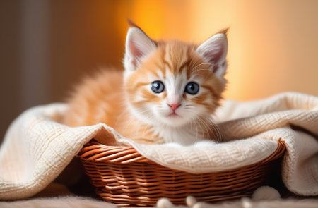 A fluffy red kitten with blue eyes lies in a basket with a blanket. Background with cute kitten, concept of warmth and comfort, cat care. Banner for a pet store.の素材