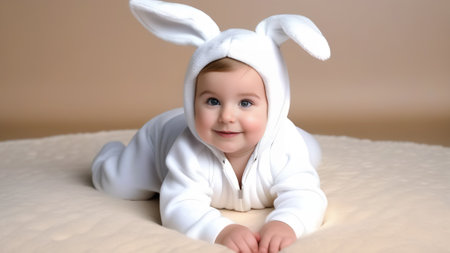 A baby sits in a crib wearing an Easter Bunny costume. Cute baby in a hair holder with bunny ears looks at the camera and smiles. Festive Easter card.の素材