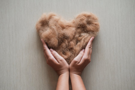 Top view of a woman hands holding a heart made from the fur. Grooming salon.の写真素材