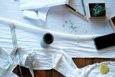 Background top view of a tailor table on which lies cotton white fabric, measuring tape, threads, needles and paper patterns. The process of creating a new collection for a fashion designer.の写真素材