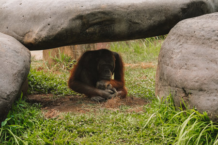 Medium shot of an old orangutan who has taken refuge in a rock cave alone. He looks very sad and thoughtful. Smart primates in a zoo, endangered.の写真素材