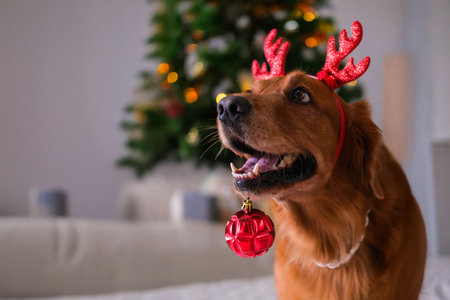 Portrait of a Golden Retriever dog wearing a headband with deer antlers, holding a red Christmas tree decoration in its mouth and smiling. Against the background of New Year decorations.の写真素材
