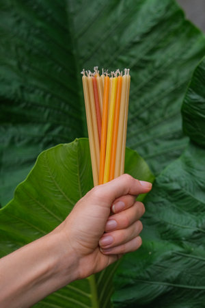 Female hand holding handmade candles against green leaves, product presentation. Handmade in home...