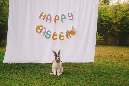 In the foreground on the lawn sits a white and brown rabbit, in the background the inscription Happy Easter. Symbol of Holy Easter on a festive picnic. Charming bunny in the backyard. Spring holiday.の写真素材