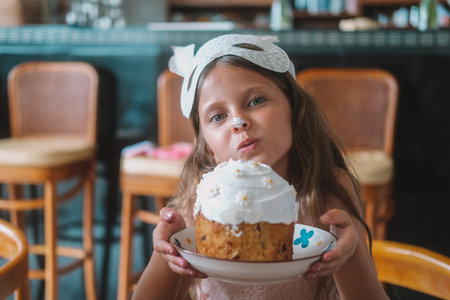 A girl with a rabbit mask on her head eats Easter cake at the kitchen table. She bites a piece of...