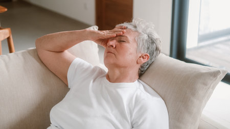 A senior woman with white hair sits on a sofa in the living room and holds her head in her hands, she has a headache and feels unwell. She drinks water and covers her face with her hand. Medical care.の写真素材