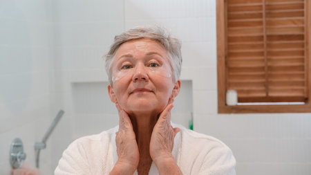 A senior woman stands in the bathroom in front of the mirror with moisturizing patches and applies anti wrinkle cream to face with massage movements. Care for aging skin. Beauty routine in retirement.の写真素材
