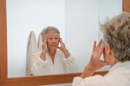 A senior woman stands in the bathroom in front of the mirror and applies moisturizing anti wrinkle cream to her face with massage movements. Care for aging skin. Beauty routine in retirement age.の写真素材