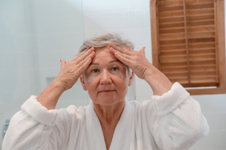A senior woman stands in the bathroom in front of the mirror with moisturizing patches and applies anti wrinkle cream to face with massage movements. Care for aging skin. Beauty routine in retirement.の写真素材