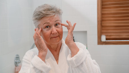 A senior woman with gray hair stands at the mirror and puts on moisturizing patches. Care for aging skin and fight against wrinkles. Beauty routine in retirement. Health improvement. Wellness.の写真素材