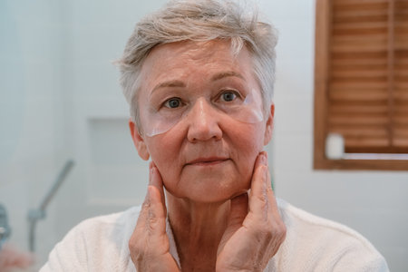 A senior woman with gray hair stands at the mirror with moisturizing patches under her eyes, looks at her reflection and smiles. Care for aging skin and fight against wrinkles. Beauty in retirement.の写真素材