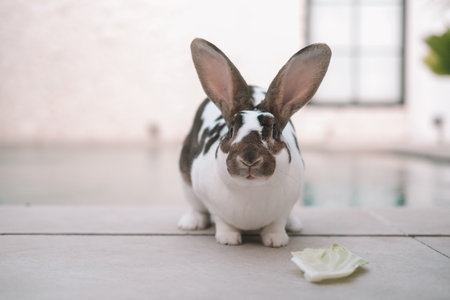 A portrait of a white and gray rabbit eating greens in the yard. A pet rabbit feeds on fresh organic...