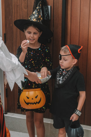 A portrait of a girl and her younger brother celebrating Halloween. They stand by the door with a pumpkin shaped basket and choose sweets. Trick or treat. Childrens costume party.の写真素材
