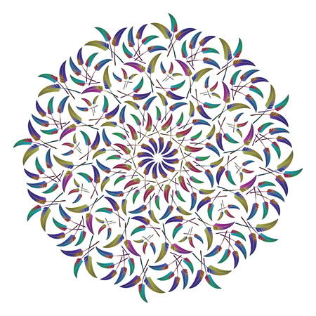 Round ethnic ornament with colorful feathers isolated on white background. Vector illustrationのイラスト素材