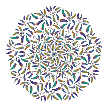 Round ethnic ornament with colorful feathers isolated on white background. Vector illustrationのイラスト素材