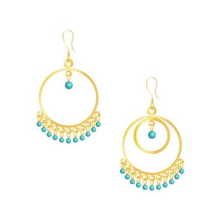 Round handmade earrings with small beads. Elegant gold and azure colors. Isolated vector illustration on white backgroundのイラスト素材