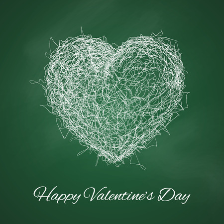 Happy Valentines Day banner. Big 3d white heart in scribble style with elegant chalked holiday title. Hand drawn vector illustration perfect for valentine party, love card or wedding decoration.のイラスト素材