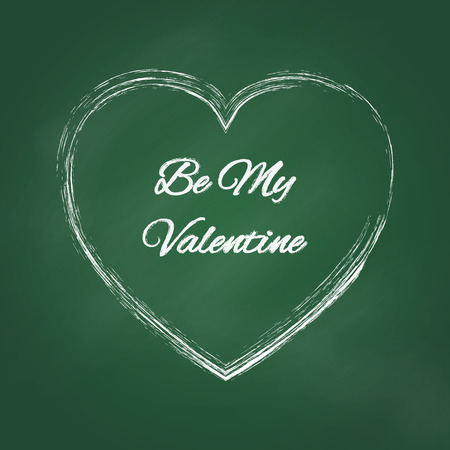 Hand drawn Be My Valentine card. Wide grunge contour heart with romantic title in chalk style. Vector illustration with white love symbols on green board chalkboard for party banner or gift cardのイラスト素材