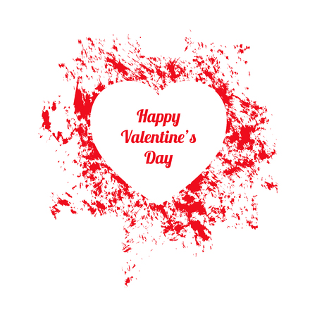 Happy Valentines Day gift card. White heart shape silhouette in red passion grunge style frame. Vector illustration symbol of love for using in web decoration, postcard or wedding celebration.のイラスト素材