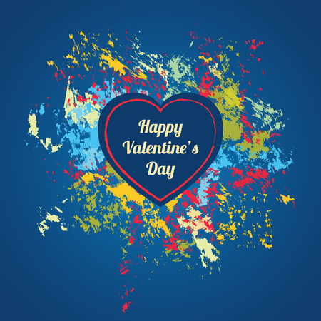 Happy Valentines Day card. Blue heart with colorful frame of paint splashes on deep blue background. Stylish vector illustration for using in web banner, poster, or celebration party.のイラスト素材