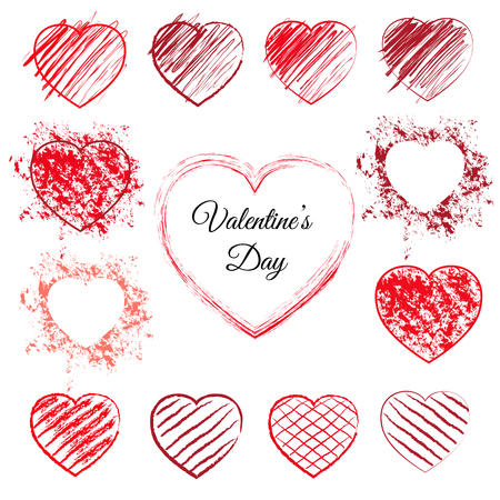 Set of sketched red hearts. 13 hand drawn love symbols with pen scribbles, pencil scratches and grunge splashes. Sketchy vector illustration with outline heart doodles for valentines day or wedding.のイラスト素材
