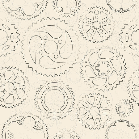 Vintage seamless pattern with black outlined gears and cogs on bright cream background.のイラスト素材