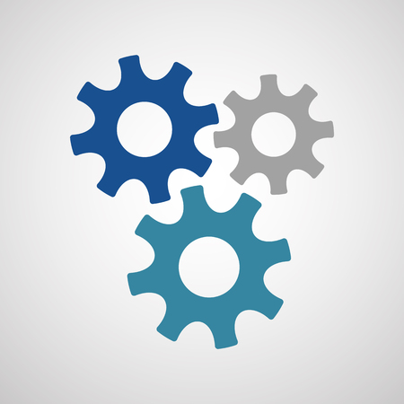 Three gear wheel machinery vector icon in trendy flat style. Violet and blue cogwheels implies creative teamwork and communication. Suitable for business infographic and presentation.のイラスト素材