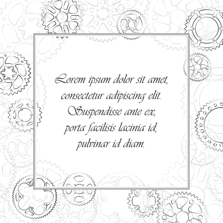 Decorative vintage frame with black outlined gears and cogs ornament. Empty space in center for text label or menu. Square vector elegant illustration with cogwheels border on white background.のイラスト素材