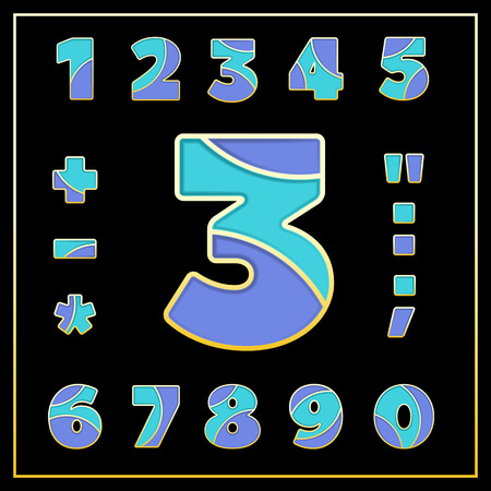 Colorful stylized ABC mosaic font with numbers and punctuation marks. Enamel jewelry art isolated characters in bright violet and blue colors. Vector illustration for stylish design.のイラスト素材