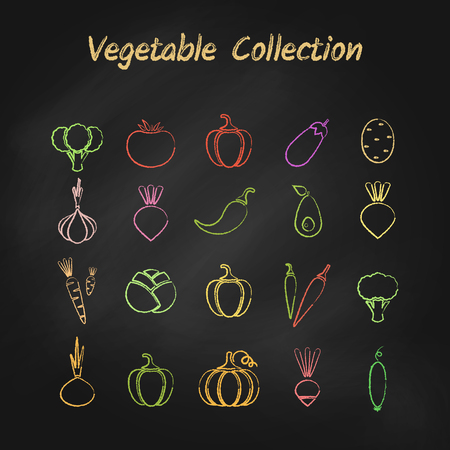 Chalk style outline vegetable icon set isolated on black chalkboard. Vector illustration with set of green, red and yellow grunge contour vegetables for organic market logo or fresh eco product symbolのイラスト素材