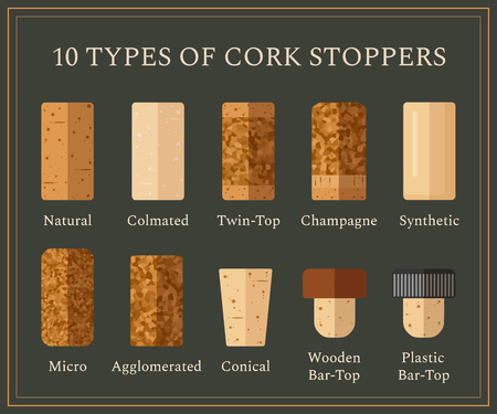 Types of cork stoppers. Vector set with different isolated corks and title for each kind on dark background. Flat design illustration for presentation or promo material.のイラスト素材