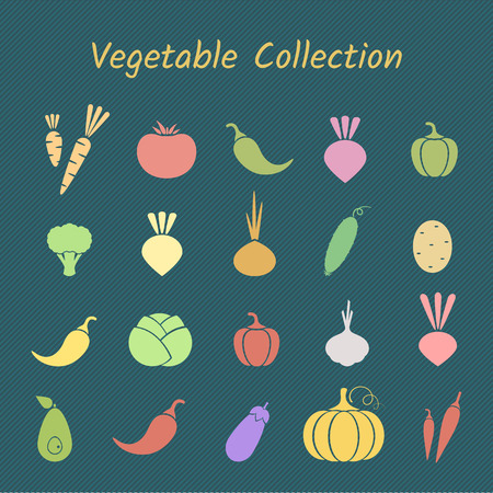 Flat design isolated vegetable icon set. Vector illustration with set of green, red and yellow fresh vegetables in pastel colors.のイラスト素材