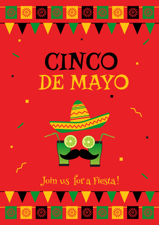 Festive red design concept with funny face cocktail with mustache and sombrero. Vector illustrationのイラスト素材
