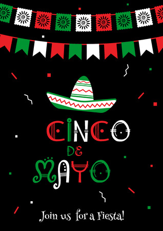 Stylish cinco de mayo fiesta invitation poster template. National colors vector illustration with native culture sombrero symbol and bunting flags for traditional Mexican celebration on cinco de mayo.のイラスト素材