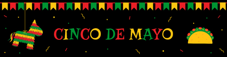 Celebration cinco de mayo web banner. Horizontal vector design template with big title cinco de mayo, funny pinata, traditional taco and bunting. Festive colors illustration for party promo bannerのイラスト素材