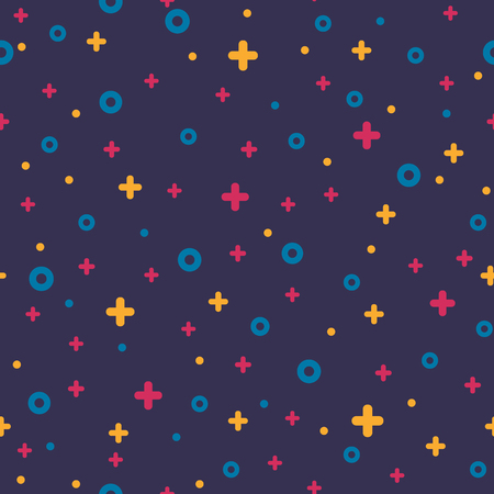 Geometric memphis retro seamless pattern 80s - 90s style. Trendy texture with color funky shapes on violet background. Vector illustration in memphis pop art style for fabric print or poster templateのイラスト素材